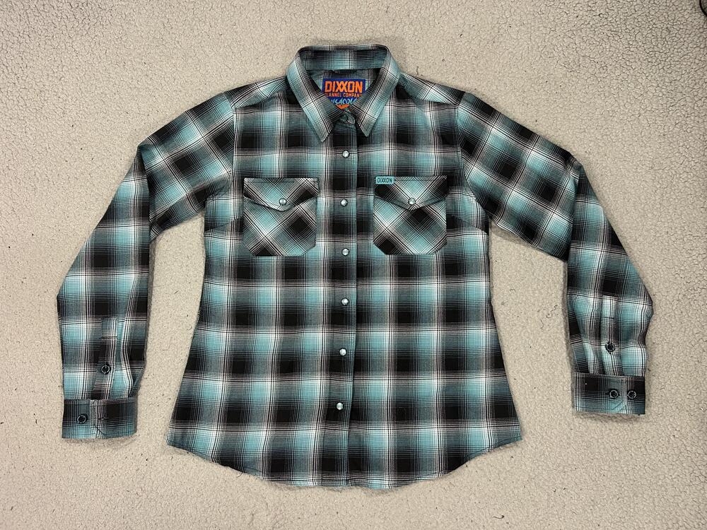 Dixxon Flannel Company Pensacola Shirt Womens Medium Blue Plaid Snap Long Sleeve